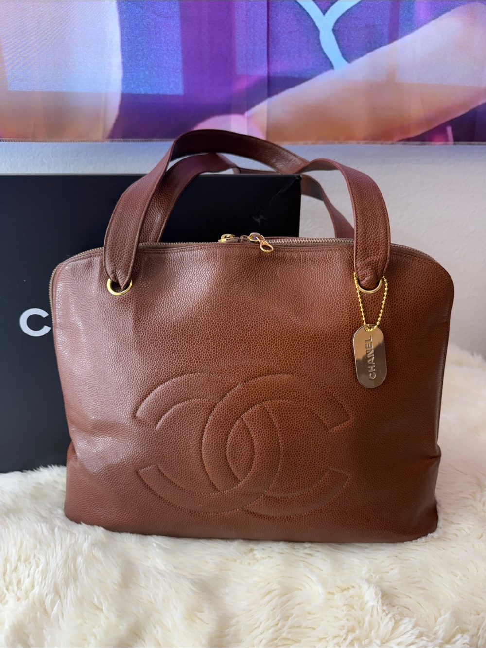 Chanel Caviar Stitched CC Double Zip Brown Caramel Timeless Tote Keychain Charm